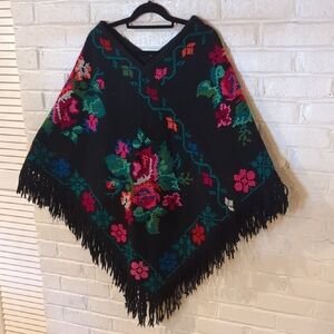 Floral Black Cape with Fringe